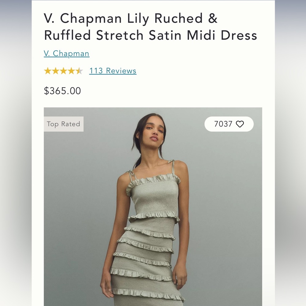 V. CHAPMAN LILY RUCHED & RUFFLED STRETCH SATIN MIDI DRESS